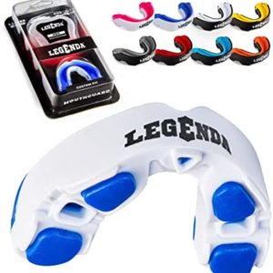 Legenda Mouth Guard Sports w/ Case, Professional Mouthguard for Boxing, Muay Thai, MMA, Wrestling, Lacrosse and High Contact Sports, Fits Adults, Youth, and Kids 11+ (White / Blue)
