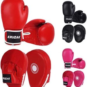 Kruzak Plain Focus Mitts and Boxing Gloves Set for Kickboxing and Muay Thai MMA Training - Fitness Kit with Punching Pads for Martial Arts and Karate - Red - 16oz