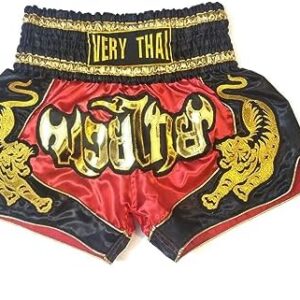 Muay Thai Boxing Shorts; Traditional Thai Tiger Syle Patterns Red - Black with Gold Thai Letter Muay Thai