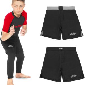 Elite Sports Kids MMA BJJ No GI UFC Grappling Shorts, Sports Shorts for Boys & Girls, Youth Jiu Jitsu Training Shorts Black