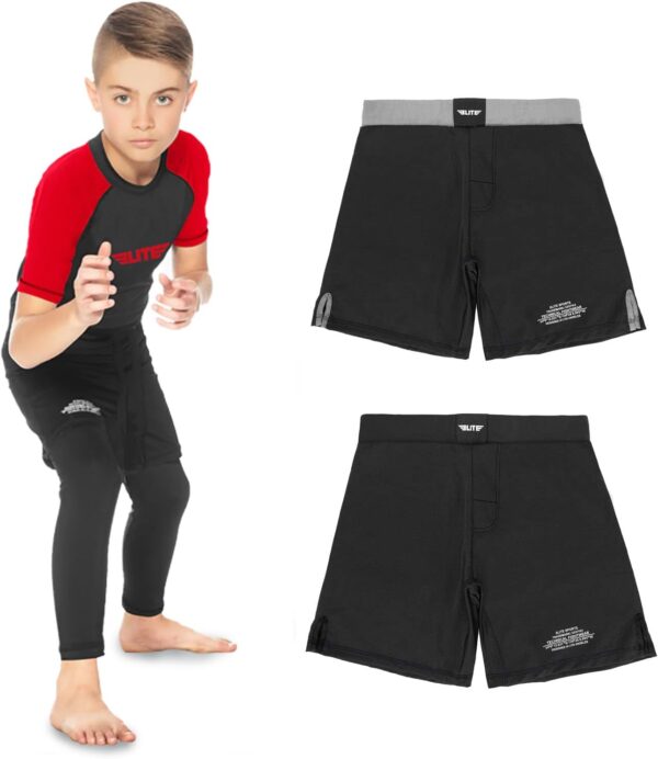 Elite Sports Kids MMA BJJ No GI UFC Grappling Shorts, Sports Shorts for Boys & Girls, Youth Jiu Jitsu Training Shorts Black