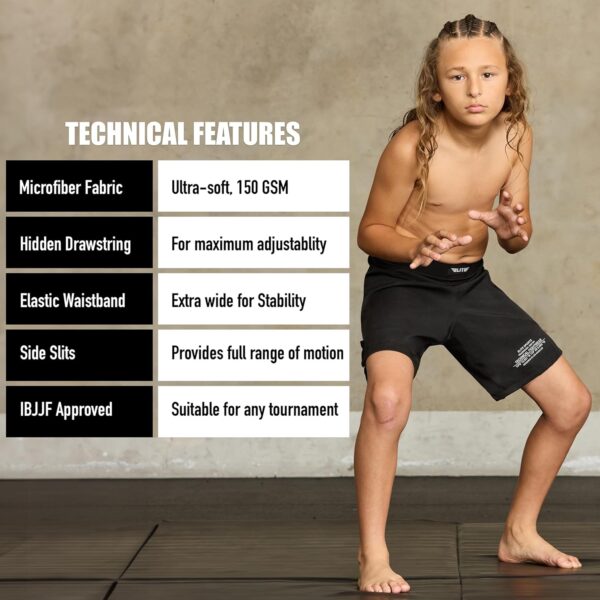 Elite Kids BJJ No-Gi Shorts: 4-Way Stretch Grappling Training Shorts Black - Image 5
