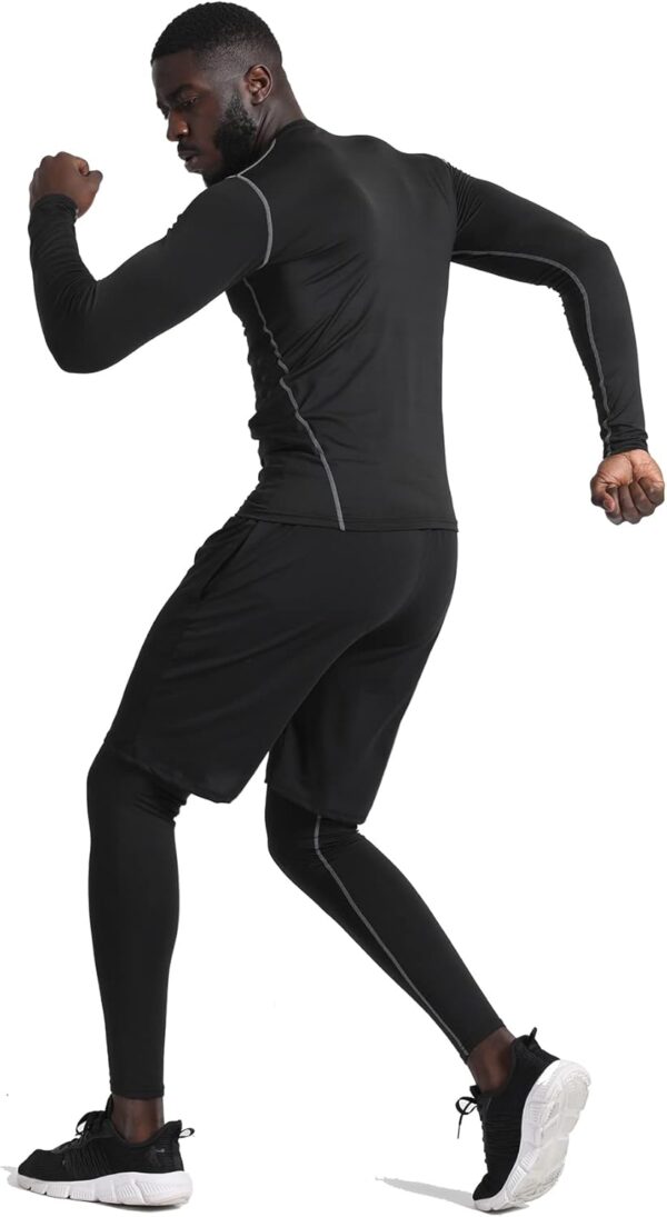 BUYJYA 5Pc Mens Compression Gym Outfit: Athletic Workout Pants & Shirts Set - Image 4