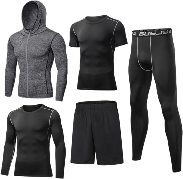 BUYJYA 5Pcs Men's Compression Pants Shirt Top Long Sleeve Jacket Athletic Sets Gym Clothing Mens Workout