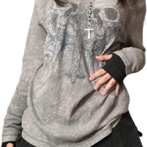 Women Vintage Fairy Grunge Y2K Long Sleeve Shirt Skull Graphic Printed Gothic Tee Tops Aesthetic Harajuku Tops