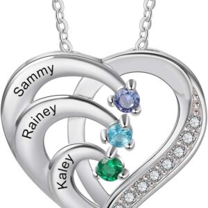 Jeweidea Personalized Heart Necklace with Simulated Birthstones Custom Name Mother Daughter Promise Pendant for Women Mom Her