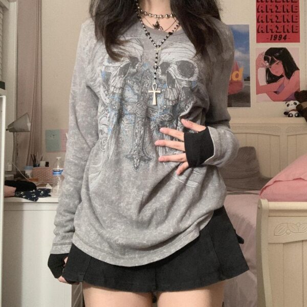 Women's Y2K Gothic Skull Graphic Fairy Grunge Long Sleeve Shirt Top - Image 2