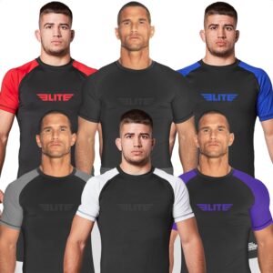 Elite Sports Jiu Jitsu BJJ Rash Guards, Men’s BJJ, No GI, MMA Ranked Short Sleeve Compression Base Layer Rash Guard
