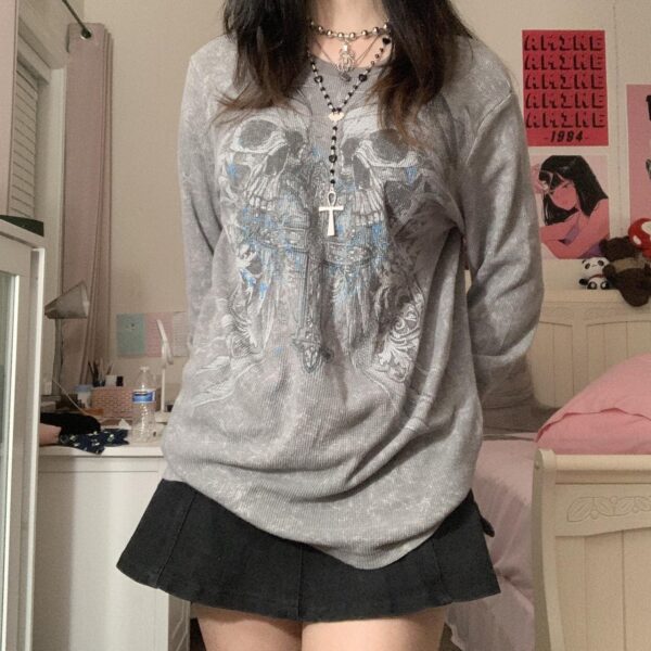 Women's Y2K Gothic Skull Graphic Fairy Grunge Long Sleeve Shirt Top - Image 4
