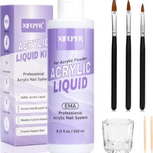 Monomer Acrylic Nail Liquid - 8.12fl.oz Acrylic Liquid for Acrylic Powder with 3 Size Acrylic Brushes, MMA-Free Non-Yellowing EMA Monomer Liquid for Acrylic Nail Extension & Carving
