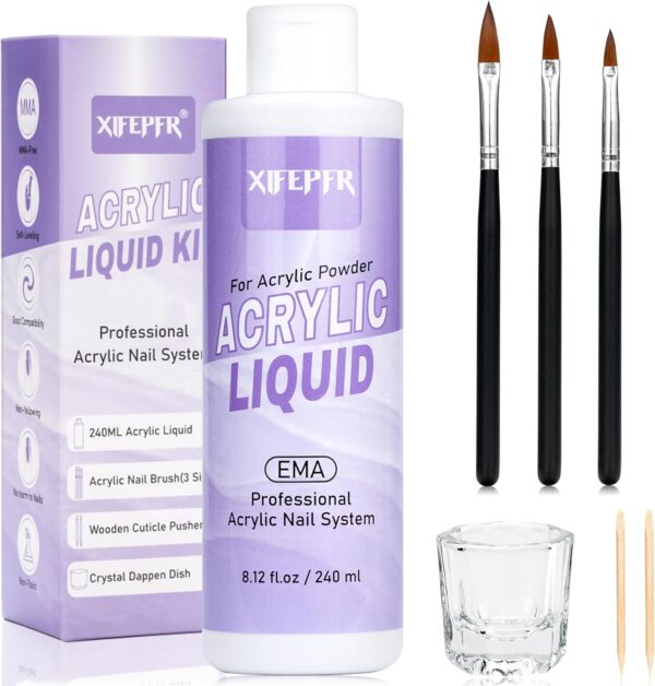Monomer Acrylic Nail Liquid - 8.12fl.oz Acrylic Liquid for Acrylic Powder with 3 Size Acrylic Brushes, MMA-Free Non-Yellowing EMA Monomer Liquid for Acrylic Nail Extension & Carving