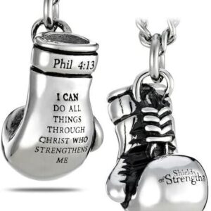 Shields of Strength Men's 14K Gold Plated or Stainless Steel Boxing Glove Necklace Pendant Chain Philippians 4:13 Bible Verse Christian Jewelry Gifts