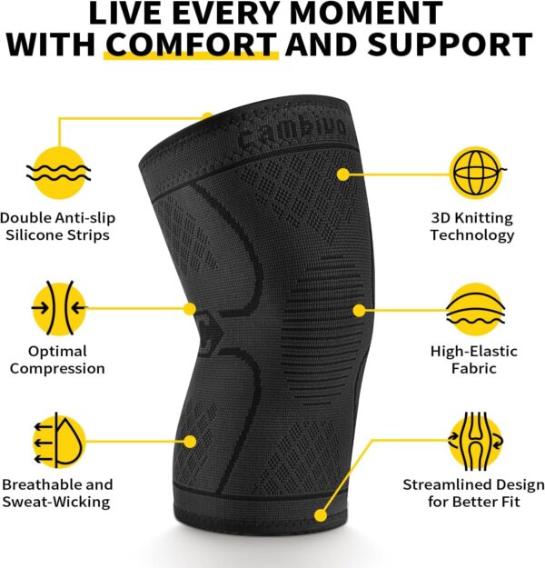 CAMBIVO 2 Pack Knee Braces: Compression Sleeves for Pain Relief, Running & Workouts, Men & Women, Medium Black - Image 3
