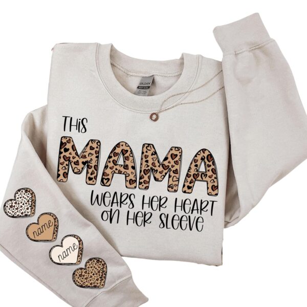 This Mama Wears Her Heart on Her Sleeve Sweatshirt, Leopard Cheetah, Kids Names Sweatshirt, Custom Mama Hoodie with Kids, Mothers Day Gift