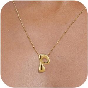 Gold Bubble Letter Necklace for Women Dainty 14K Gold Plated Balloon Initial Necklaces for Women Trendy Cute Chunky Charm Monogram Pendant Name Necklace Fashion Jewelry Gifts for Teens