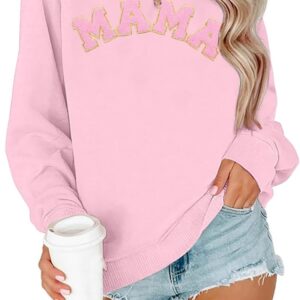 DUTUT Mama Sweatshirt Womens Mom shirt: Glitter Patch MAMA Shirt Mama Letter Print Sweater Casual Long Sleeve Pullover Top