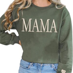 NAZENTI Mama Embroidered Crewneck Sweatshirt Mama with Heart on Long Sleeve Fashion Pullover Size S-4XL