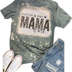 Glitter & Dirt Mama of Both T-Shirt Women Camouflage Leopard Graphic Mom Tees Vintage Bleached Letter Print Tops