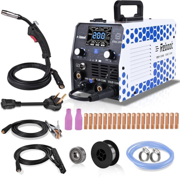Reboot 200Amp MIG Welder 120V 240V 5 in 1 Welding Machine, Multiprocess for Gasless Flux Core MIG Welder/Gas MIG/Lift TIG/Stick/Spot Welding with Synergy Dual Voltage Large LED Display