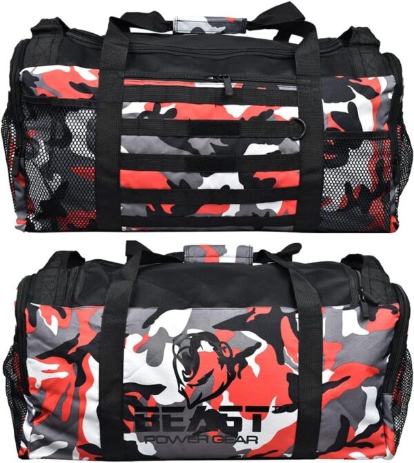 Beastpowergear Gym Duffle Bag- Workout, Boxing, MMA, Sports Bag with Shoes Compartment and Adjustable Shoulder Strap for Men and Women (Red Camo)