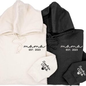 Custom Mom Sweatshirt and Hoodie, Mama Est 2023, Embroidered Name on Sleeve, Christmas Hoodie Gift for Mom