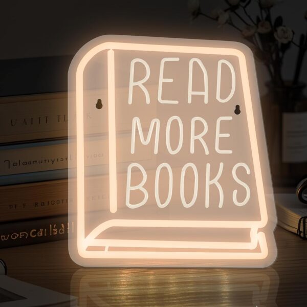 Neon Sign Read More Books, White Light LED Sign for Library Decor, Read Classroom Neon Book Light for Bookstore, Home Reading Room Wall Decor