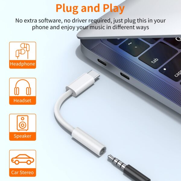 JXMOX 2-Pack USB C to 3.5mm Headphone Jack Adapter for iPhone 16 Pro, Samsung Galaxy S23 - Image 3