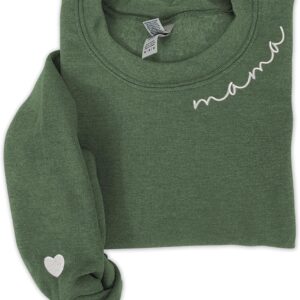 IZI POD - Mom Mama Embroidered Crewneck Sweatshirt Heart On The Sleeve For Women -Gifts For Mom Birthday Mother Day Christmas