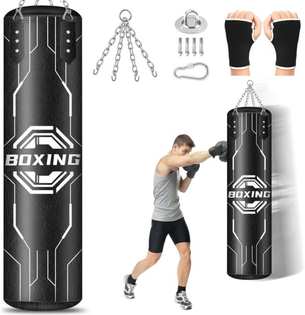 Hanging Punching Bag for Adults, 4ft PU Leather Heavy Boxing Bag Set, Hanging Bag Boxing Equipment for MMA Karate Kickboxing Boxing Home Gym, Unfilled