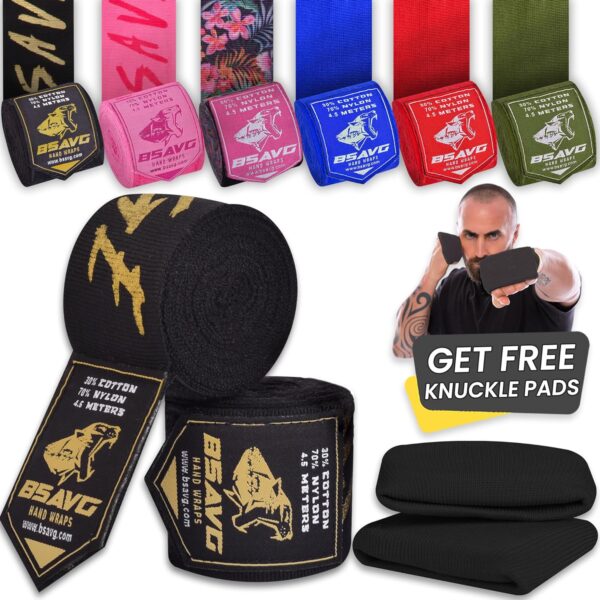 BeSAVAGE Hand Wraps 180 Inch Elastic Boxing Bandages with Knuckle Guards for Muay Thai, MMA, Kickboxing, Martial Arts, Punching Bag Training - Wrist & Knuckle Protection for Men, Women, Youth