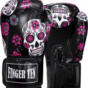 FINGER TEN Boxing Gloves Women Punching Sparring Kickboxing MMA Training Heavy Bag Glove Black Leather 8 10 12 14 oz for Womens