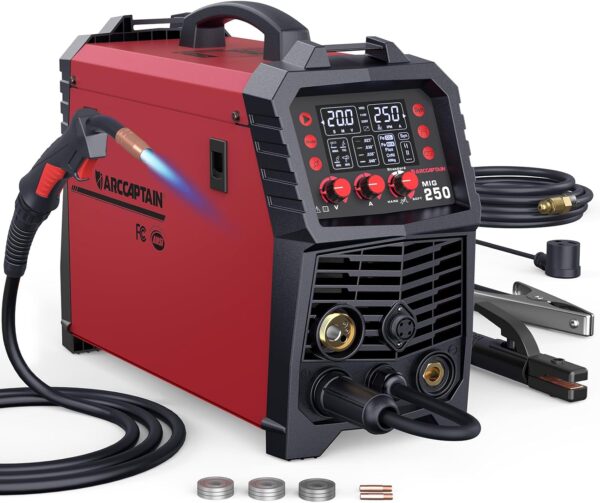 ARCCAPTAIN 250Amp MIG Welder, 110V 220V Gas MIG/Gasless Flux Core MIG/Stick/Lift TIG/Spool Gun/Spot 6 in 1 Welding Machine, Aluminum Welding Machine with LED Digital Display