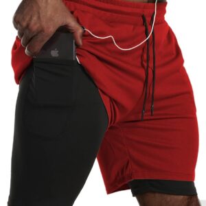 JWJ Mens 2 in 1 Running Shorts Quick Dry Gym Athletic Workout Shorts with Compression Liner