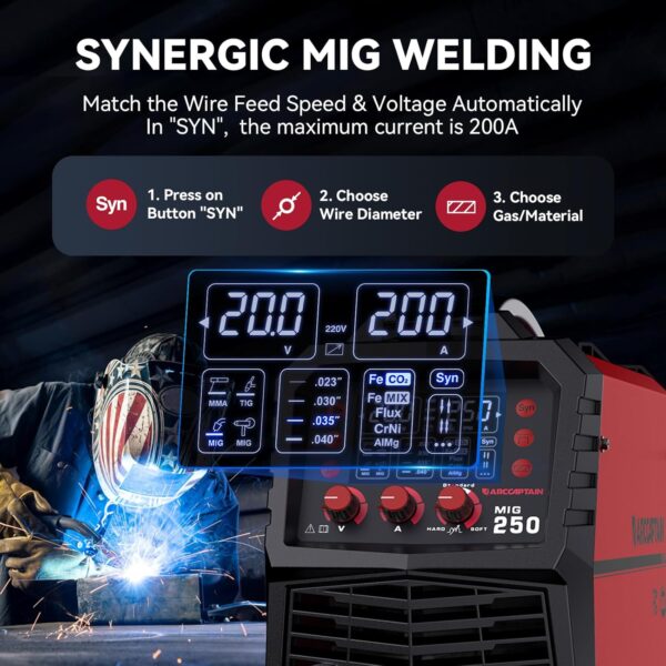 ARCCAPTAIN 250A 6-in-1 Dual Voltage MIG/TIG/Stick Aluminum Welder w/Display - Image 3